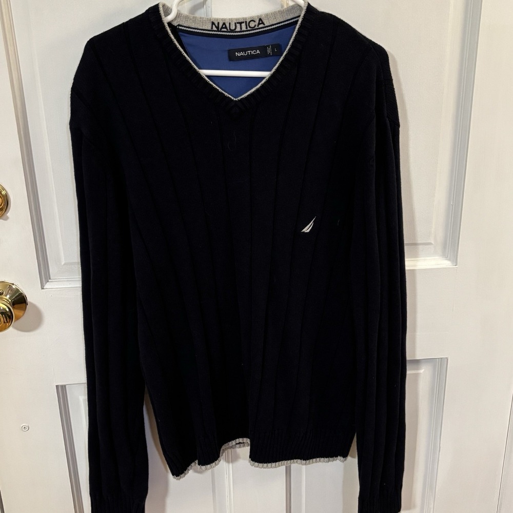 Nautica Pullover VNeck Knit Sweater Navy Blue Large Ribbed Men's